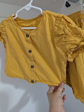 Kids Mustard Puff-Sleeve Button-Front Top  with matching shorts - Unbranded